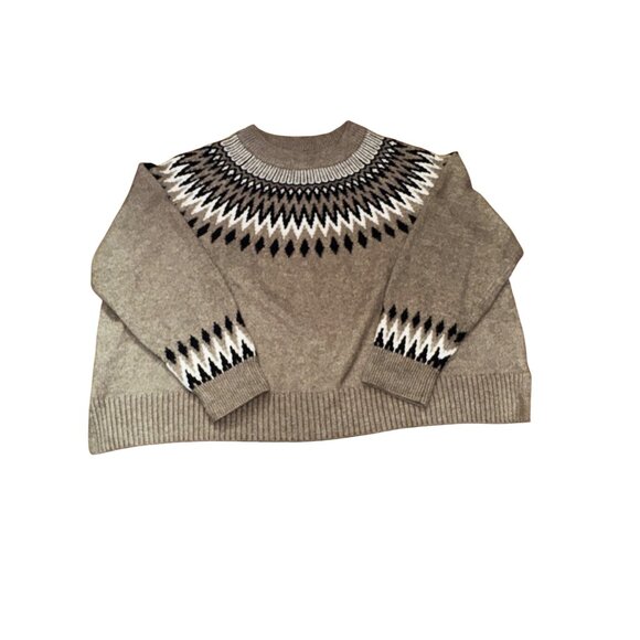 Cozy XXL Nordic Fair Isle Knit Ski Sweater Geometric Pattern Warm Taupe Preppy - Picture 1 of 7